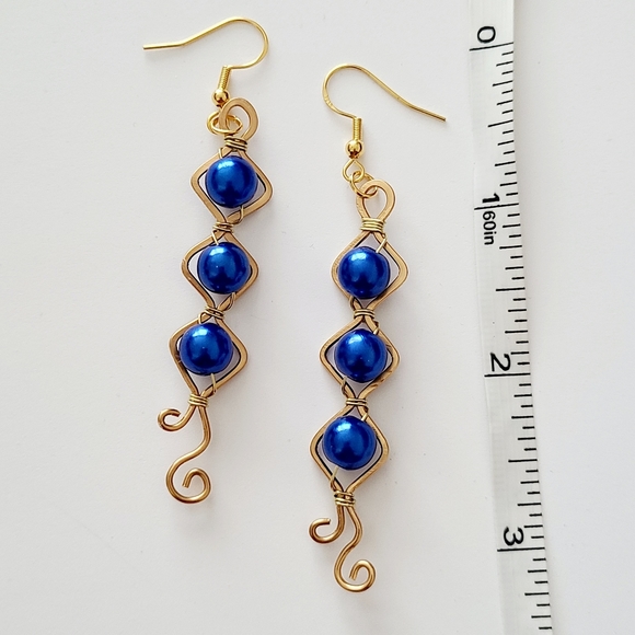 Earrings - Blue Beads Wrapped in Brass - Picture 4 of 4